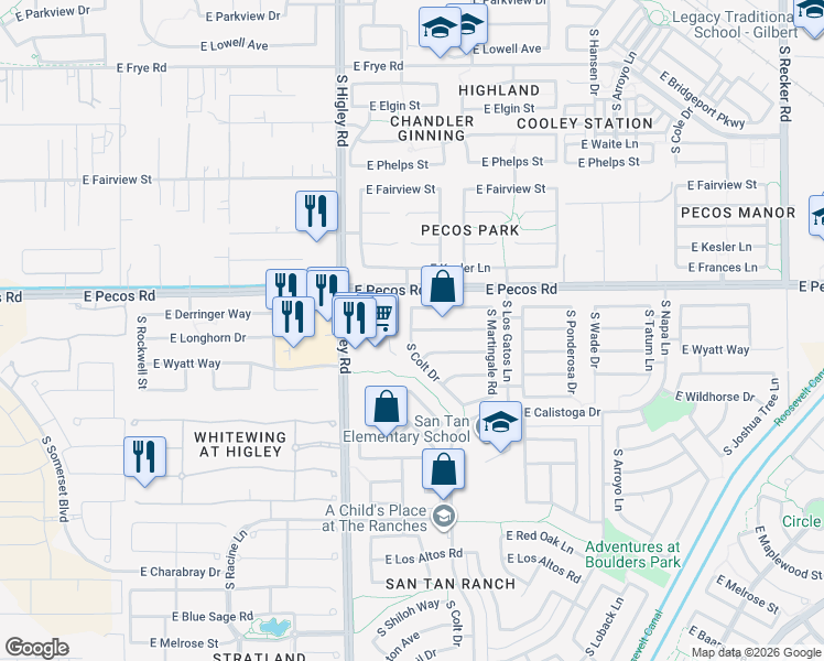 map of restaurants, bars, coffee shops, grocery stores, and more near 2018 East Longhorn Drive in Gilbert