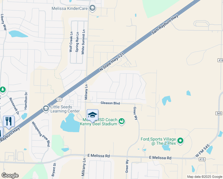 map of restaurants, bars, coffee shops, grocery stores, and more near 3115 Milrany Lane in Melissa