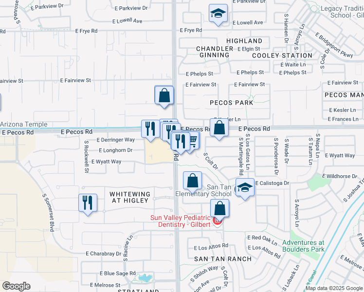 map of restaurants, bars, coffee shops, grocery stores, and more near 3271 South Higley Road in Gilbert