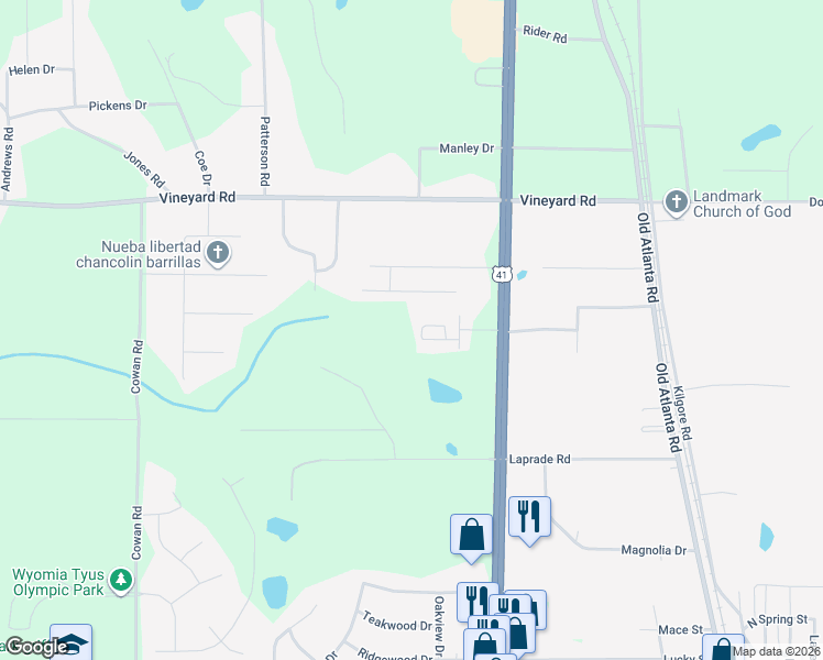 map of restaurants, bars, coffee shops, grocery stores, and more near 2173 North Express Way in Griffin