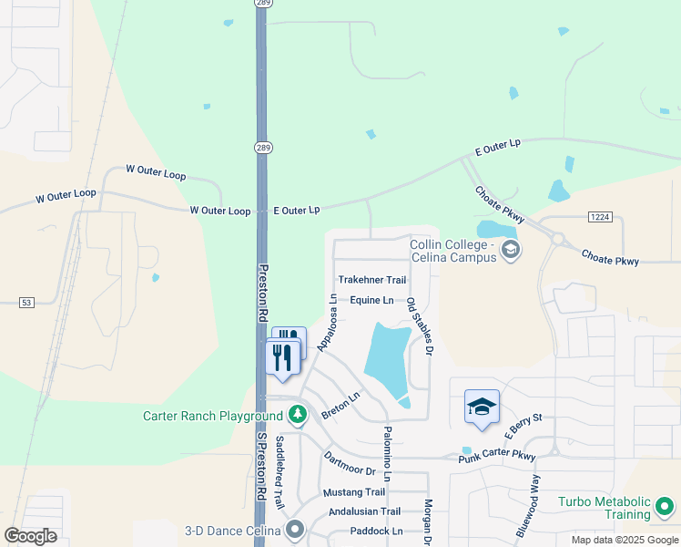 map of restaurants, bars, coffee shops, grocery stores, and more near 300 Trakehner Trail in Celina