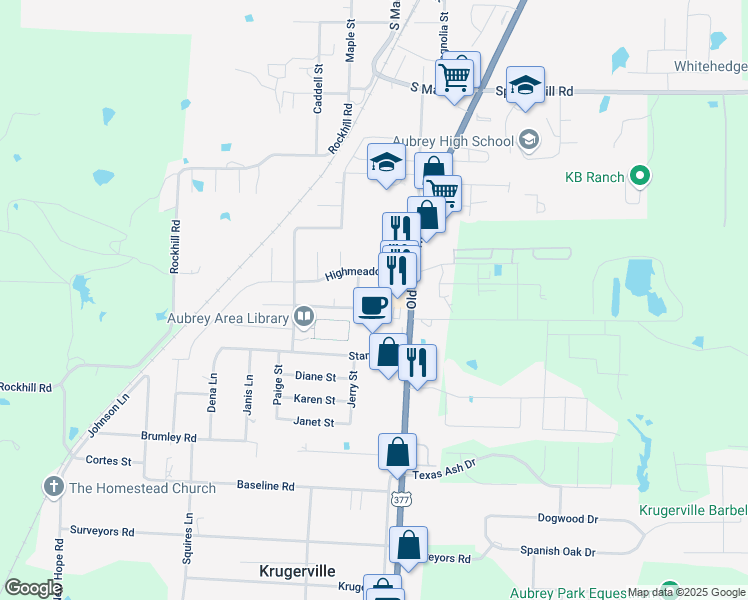 map of restaurants, bars, coffee shops, grocery stores, and more near 242 Irick Court in Aubrey