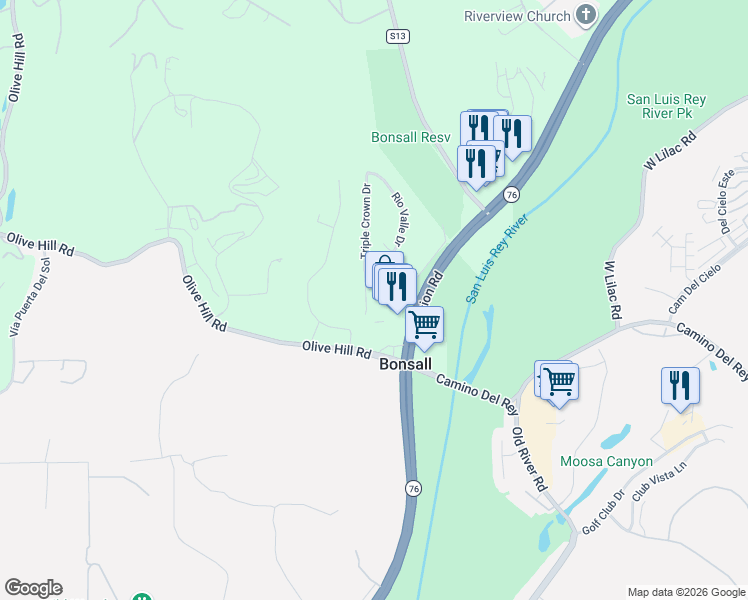 map of restaurants, bars, coffee shops, grocery stores, and more near 5519 Mission Road in Bonsall