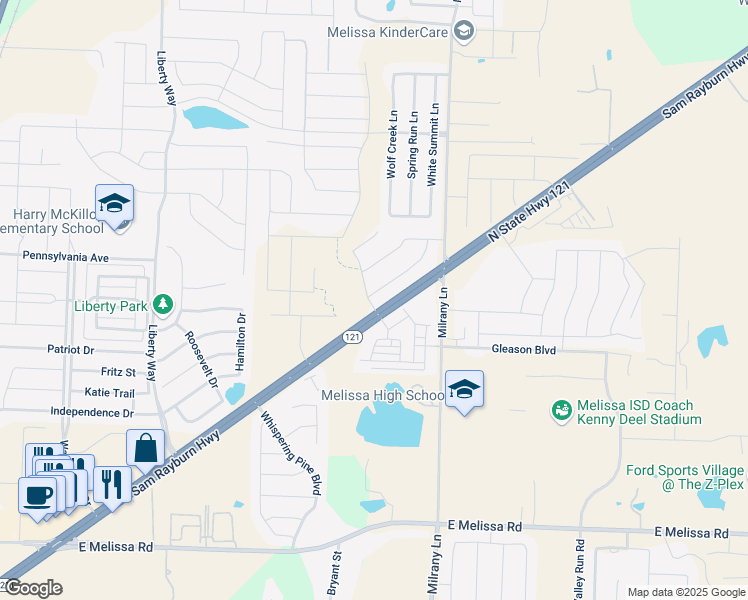 map of restaurants, bars, coffee shops, grocery stores, and more near 3200 Timberline Drive in Melissa