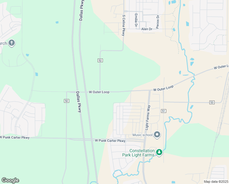 map of restaurants, bars, coffee shops, grocery stores, and more near County Road 51 in Prosper