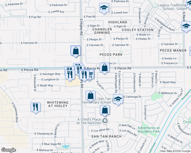 map of restaurants, bars, coffee shops, grocery stores, and more near 3270 South Colt Drive in Gilbert