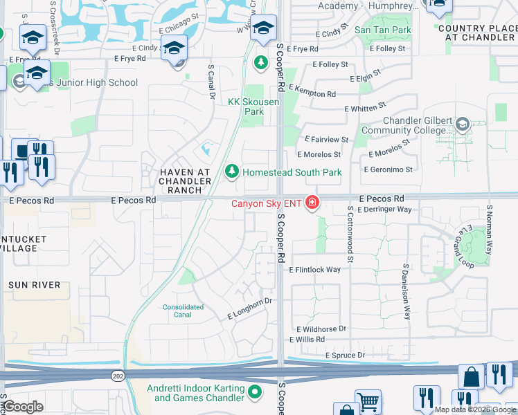 map of restaurants, bars, coffee shops, grocery stores, and more near 1929 East Derringer Way in Chandler