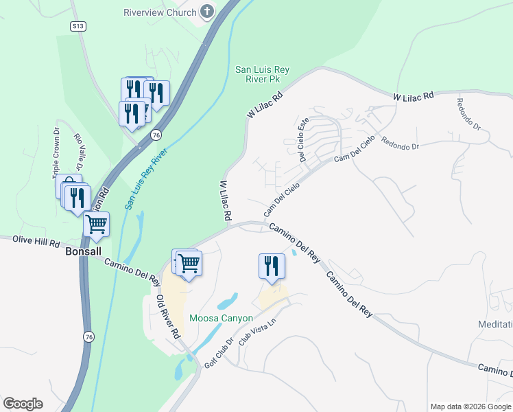 map of restaurants, bars, coffee shops, grocery stores, and more near 5518 Camino Del Cielo in Bonsall