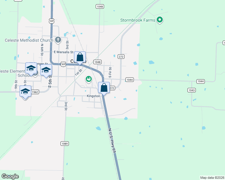 map of restaurants, bars, coffee shops, grocery stores, and more near 403 Farm to Market Road 272 in Celeste