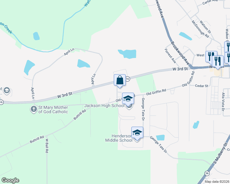 map of restaurants, bars, coffee shops, grocery stores, and more near 116 Imogene Goff Road in Jackson