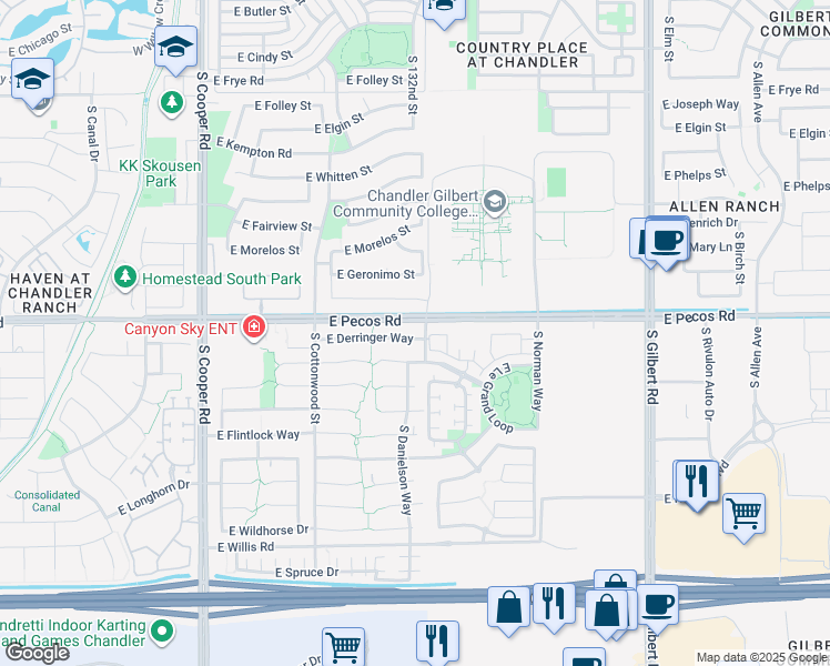 map of restaurants, bars, coffee shops, grocery stores, and more near 2600 East Springfield Place in Chandler
