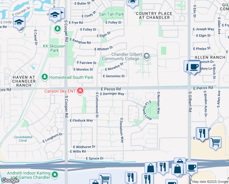 map of restaurants, bars, coffee shops, grocery stores, and more near 2411 East Derringer Way in Chandler