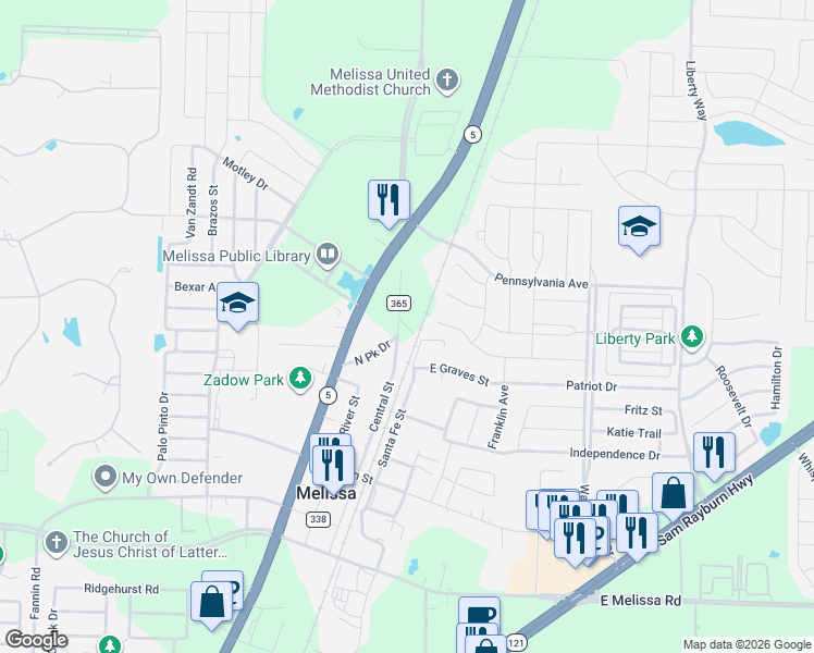 map of restaurants, bars, coffee shops, grocery stores, and more near in Melissa