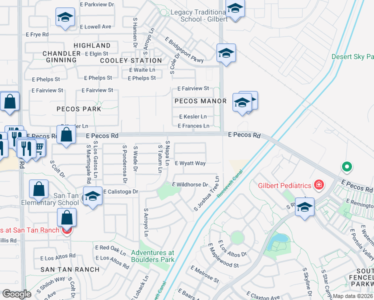 map of restaurants, bars, coffee shops, grocery stores, and more near 3867 East Longhorn Drive in Gilbert