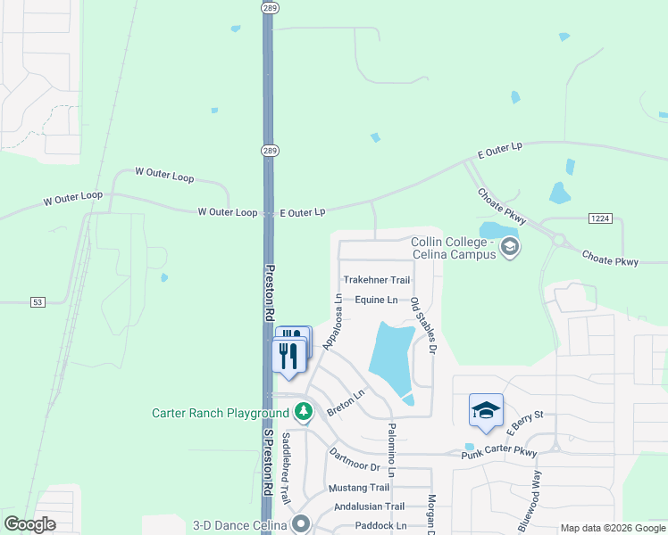 map of restaurants, bars, coffee shops, grocery stores, and more near 300 Trakehner Trail in Celina