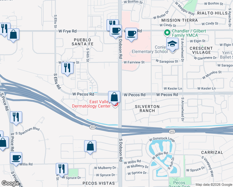 map of restaurants, bars, coffee shops, grocery stores, and more near 2040 West Pecos Road in Chandler