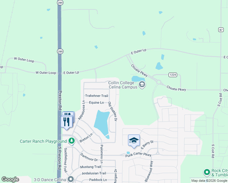 map of restaurants, bars, coffee shops, grocery stores, and more near 2451 Lusitano Lane in Celina