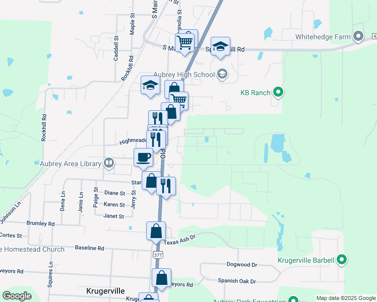 map of restaurants, bars, coffee shops, grocery stores, and more near 5650 Highway 99 South in Aubrey
