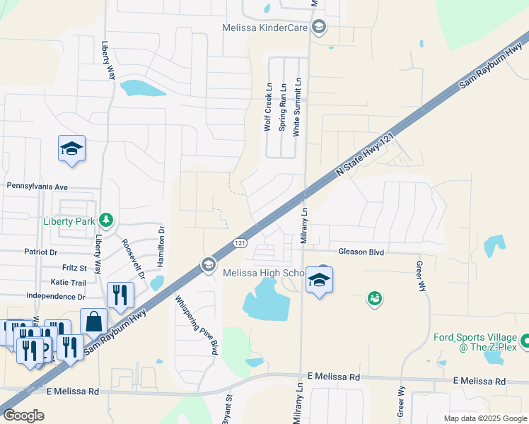 map of restaurants, bars, coffee shops, grocery stores, and more near 3200 Timberline Drive in Melissa