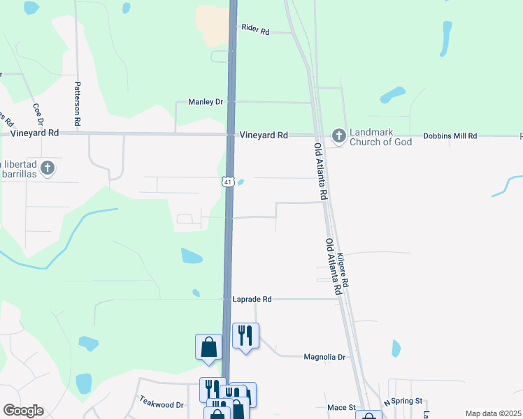 map of restaurants, bars, coffee shops, grocery stores, and more near 207 Westmoreland Drive in Griffin