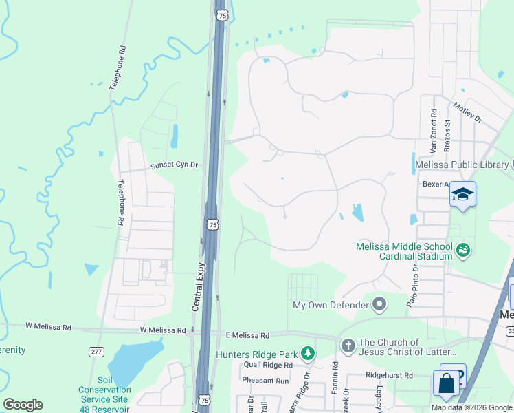map of restaurants, bars, coffee shops, grocery stores, and more near 17 Brookhollow Cir in Melissa
