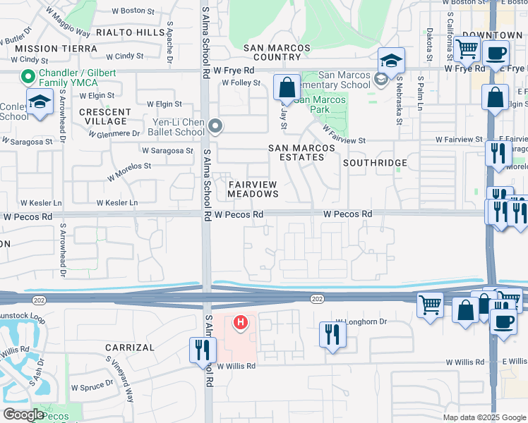 map of restaurants, bars, coffee shops, grocery stores, and more near 875 West Pecos Road in Chandler