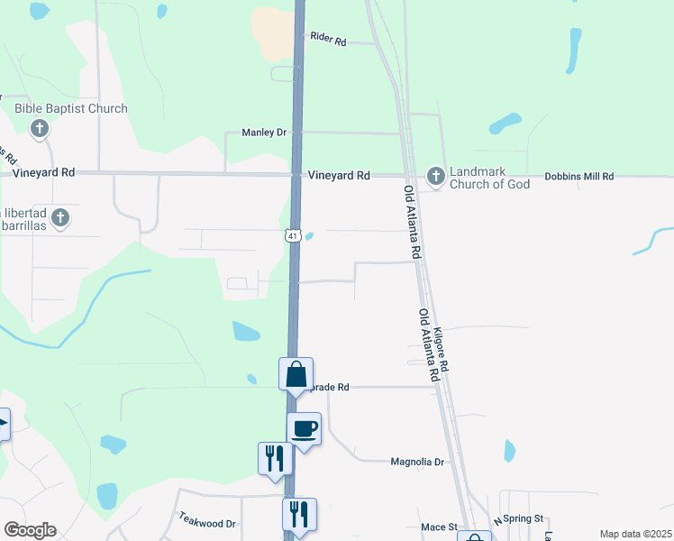 map of restaurants, bars, coffee shops, grocery stores, and more near 207 Westmoreland Drive in Griffin