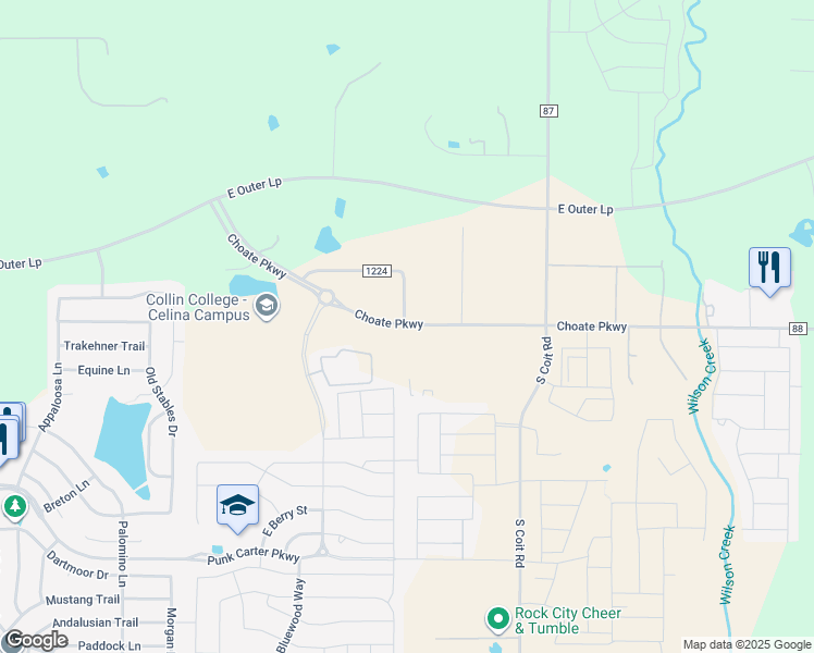 map of restaurants, bars, coffee shops, grocery stores, and more near 1262 County Road 1224 in Celina