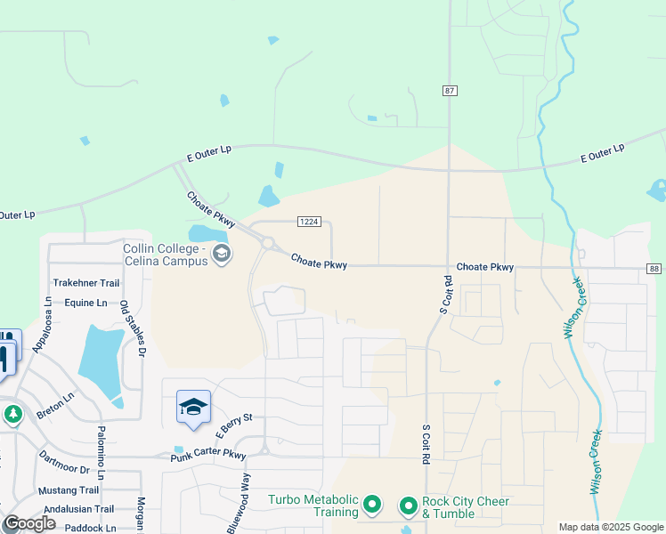 map of restaurants, bars, coffee shops, grocery stores, and more near 1262 County Road 1224 in Celina