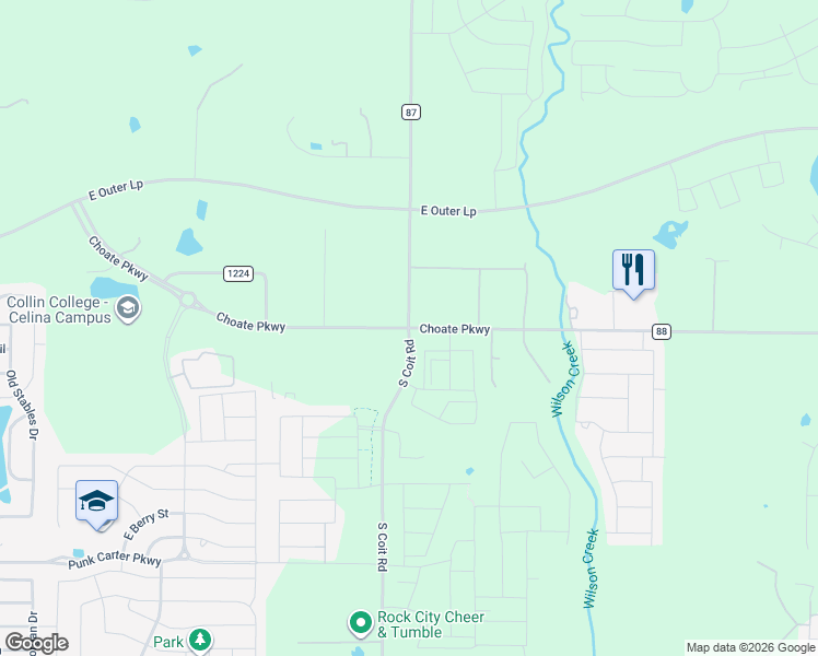 map of restaurants, bars, coffee shops, grocery stores, and more near 5000 County Road 87 in Celina