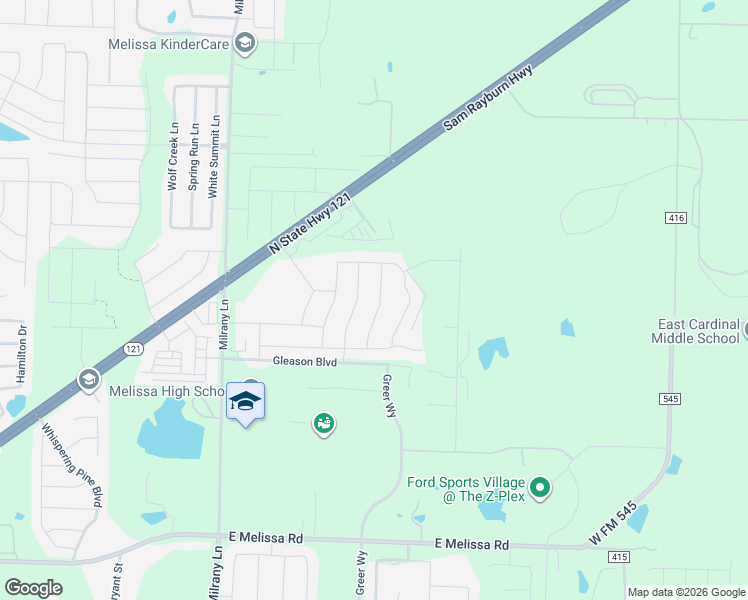 map of restaurants, bars, coffee shops, grocery stores, and more near 3115 Milrany Lane in Melissa