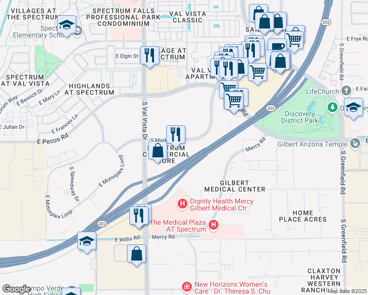map of restaurants, bars, coffee shops, grocery stores, and more near 3259 S Market St in Gilbert