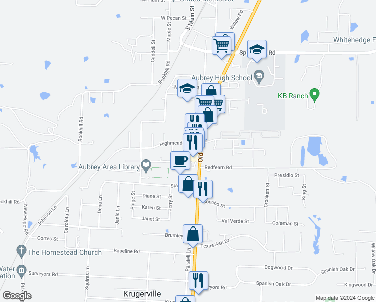 map of restaurants, bars, coffee shops, grocery stores, and more near 221 Irick Court in Aubrey
