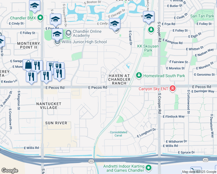 map of restaurants, bars, coffee shops, grocery stores, and more near 1475 East Pecos Road in Chandler