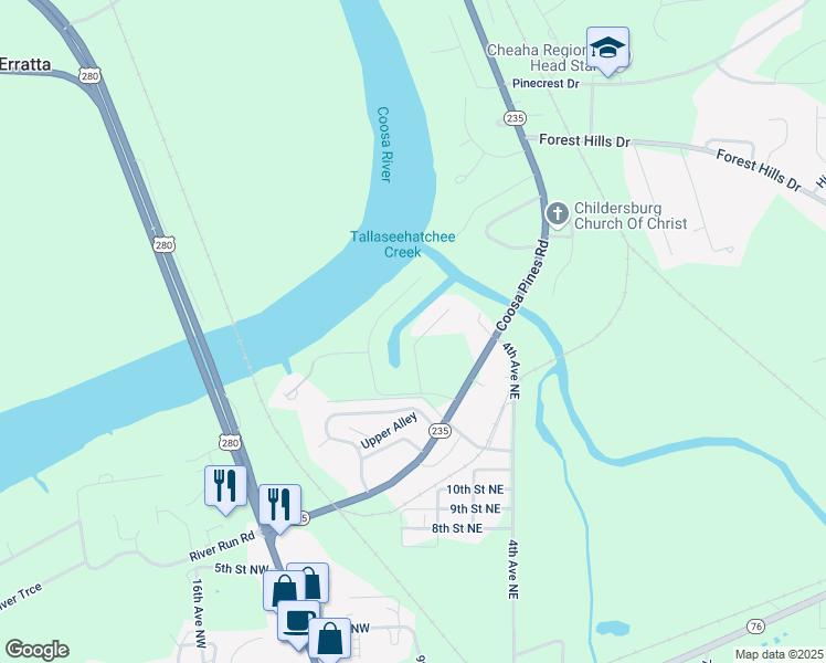 map of restaurants, bars, coffee shops, grocery stores, and more near 9 Canal Street in Childersburg