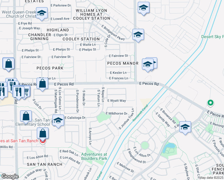 map of restaurants, bars, coffee shops, grocery stores, and more near 3843 East Derringer Way in Gilbert