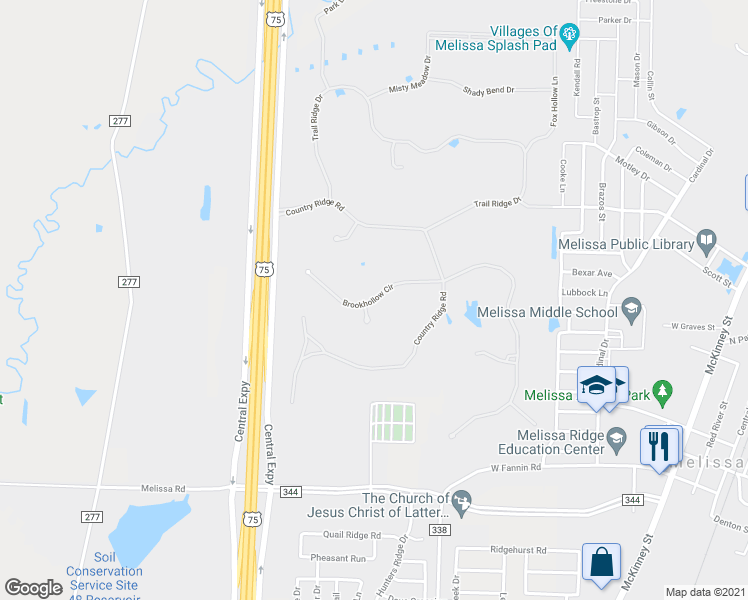 map of restaurants, bars, coffee shops, grocery stores, and more near 16 Brookhollow Circle in Melissa