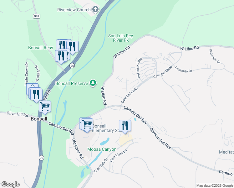 map of restaurants, bars, coffee shops, grocery stores, and more near 5436 Fairgreen Way in Bonsall