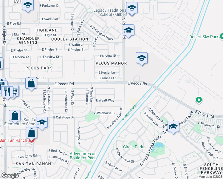 map of restaurants, bars, coffee shops, grocery stores, and more near 3940 East Derringer Way in Gilbert