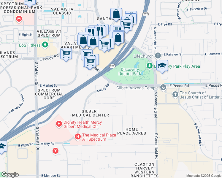 map of restaurants, bars, coffee shops, grocery stores, and more near 2161 East Pecos Road in Gilbert