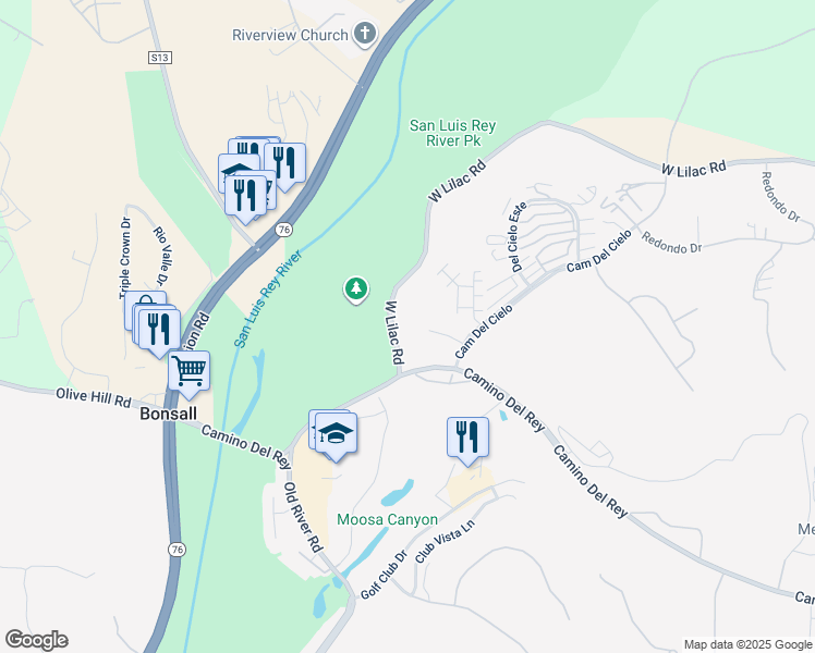 map of restaurants, bars, coffee shops, grocery stores, and more near 5412 Fairgreen Way in Bonsall