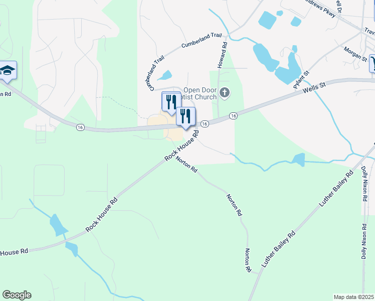 map of restaurants, bars, coffee shops, grocery stores, and more near 126 Rock House Road in Senoia