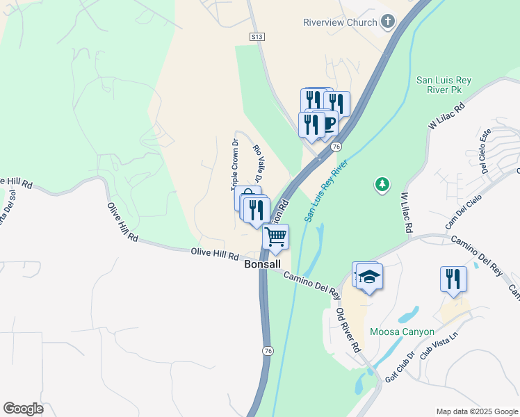 map of restaurants, bars, coffee shops, grocery stores, and more near 5970 Thoroughbred Lane in Bonsall