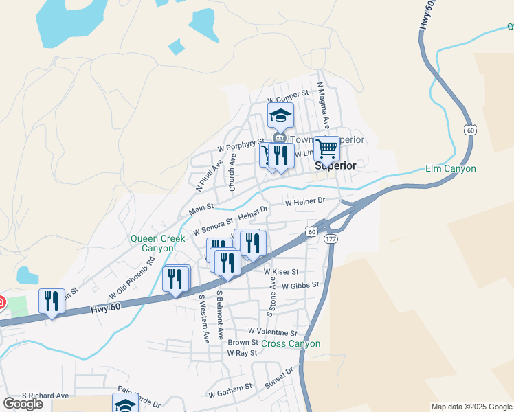 map of restaurants, bars, coffee shops, grocery stores, and more near 155 South Stone Avenue in Superior