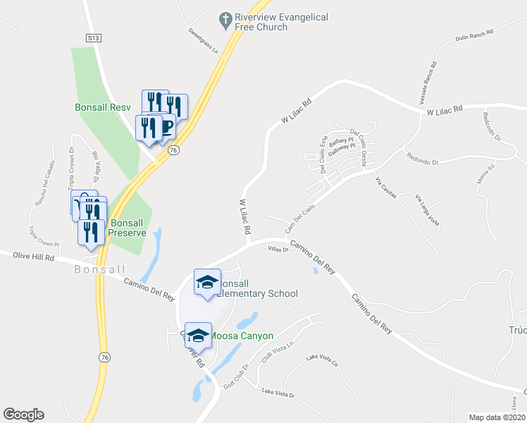 map of restaurants, bars, coffee shops, grocery stores, and more near 5412 Fairgreen Way in Bonsall