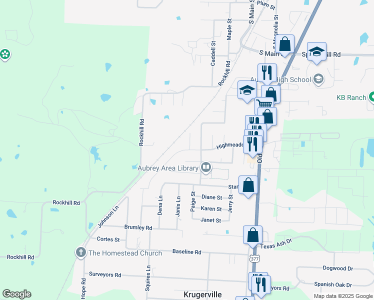 map of restaurants, bars, coffee shops, grocery stores, and more near 504 Highmeadow Road in Aubrey
