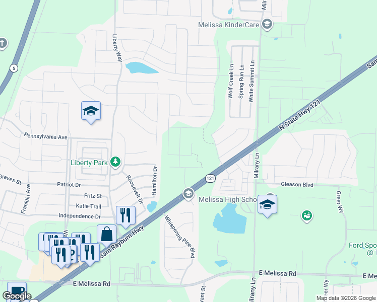 map of restaurants, bars, coffee shops, grocery stores, and more near 3311 Milrany Lane in Melissa