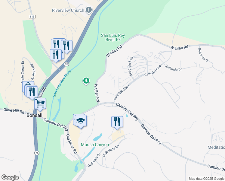 map of restaurants, bars, coffee shops, grocery stores, and more near 5452 Fairgreen Way in Bonsall