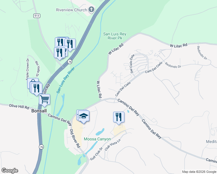 map of restaurants, bars, coffee shops, grocery stores, and more near 5420 Fairgreen Way in Bonsall