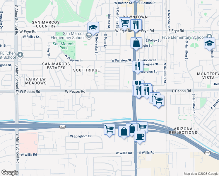 map of restaurants, bars, coffee shops, grocery stores, and more near 815 South Palm Lane in Chandler